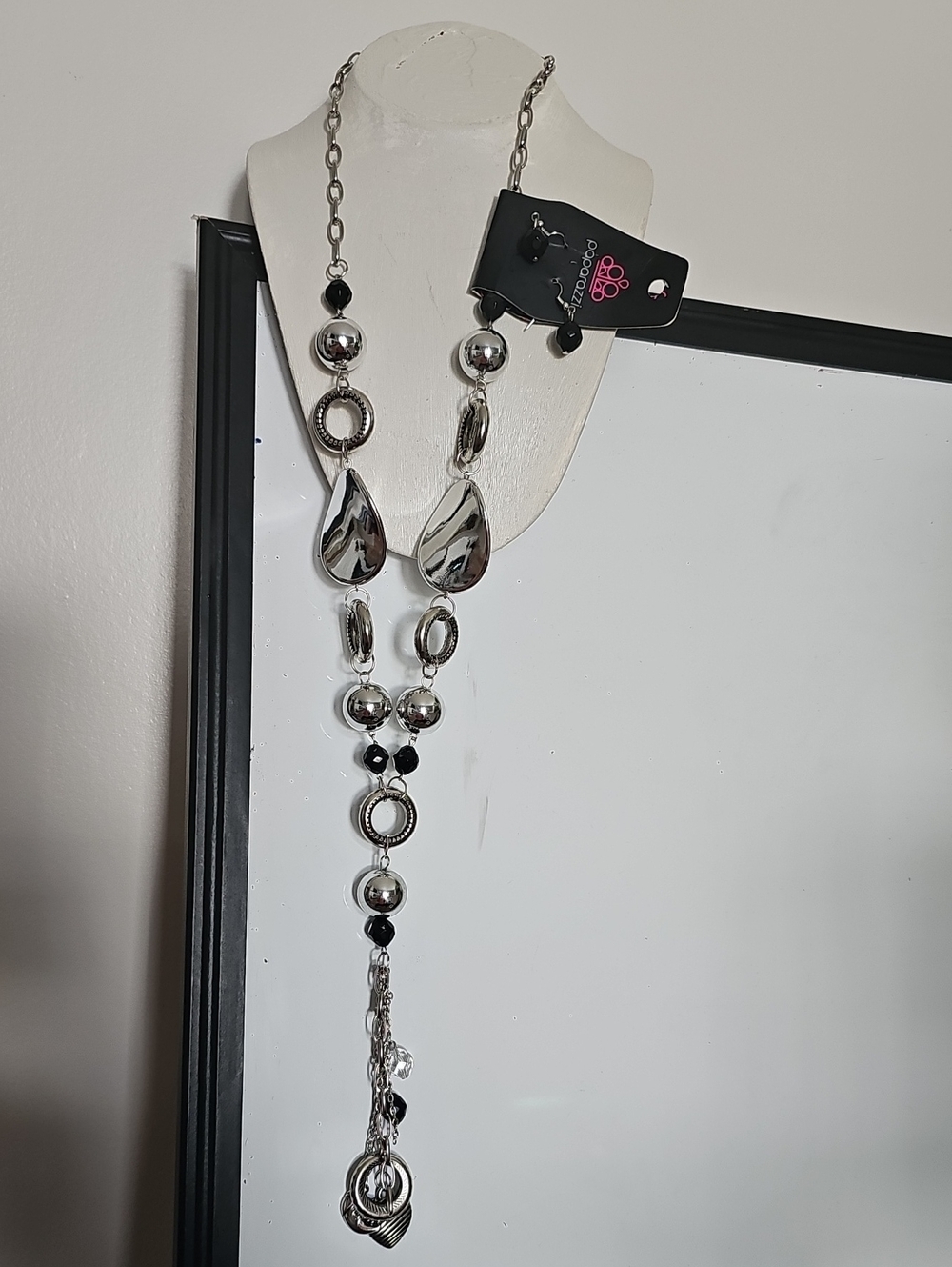 paparazzi Silver and Black Statement Long Necklace with Matching Earrings